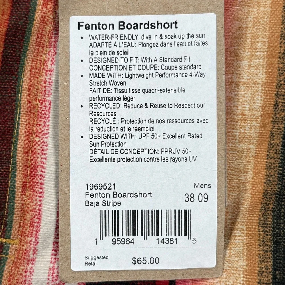 Prana Fenton Board Shorts Mens 38 Baja Stripe Multi Color Recycled Stretch NWT